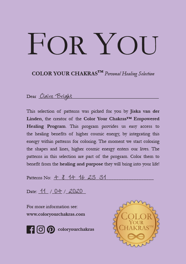 Example of a Color Your Chakras™ Personal Healing Selection Certificate Example of a Color Your Chakras™ Personal Healing Selection Certificate